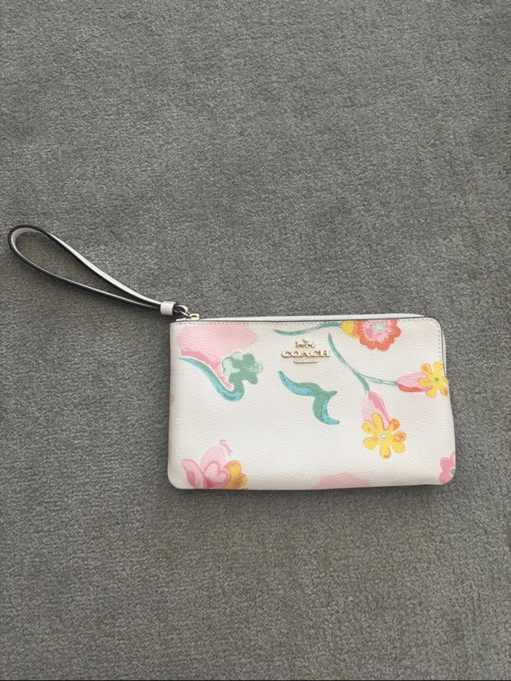 Coach Floral Leather Zip Wristlet in White with Pastel Accents